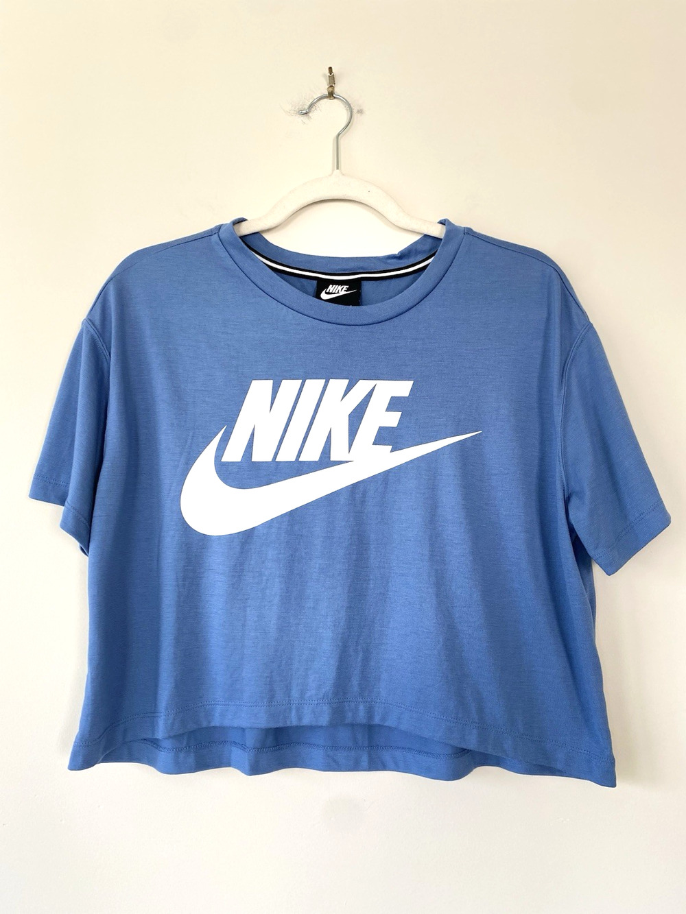 Nike Crop Logo Tee Top Blue White SZ L Activewear Workout Casual Modal Blend